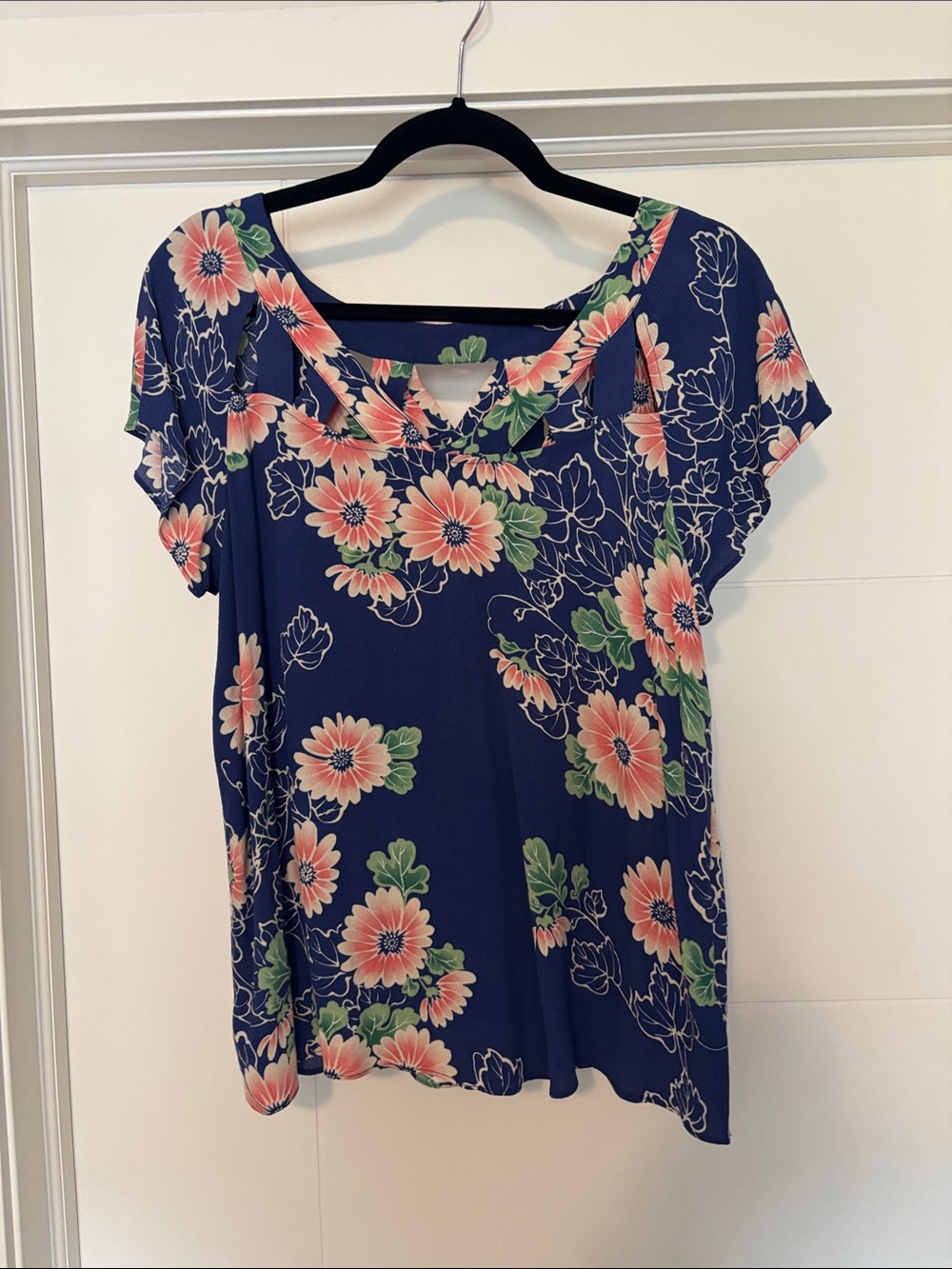 Maeve Navy Floral Short-Sleeve Top with Peach & Green Accents